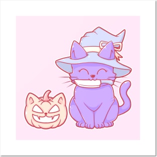 Cute Pastel Halloween Kawaii Cat Pumpkin With Knife and Witch Hat Posters and Art
